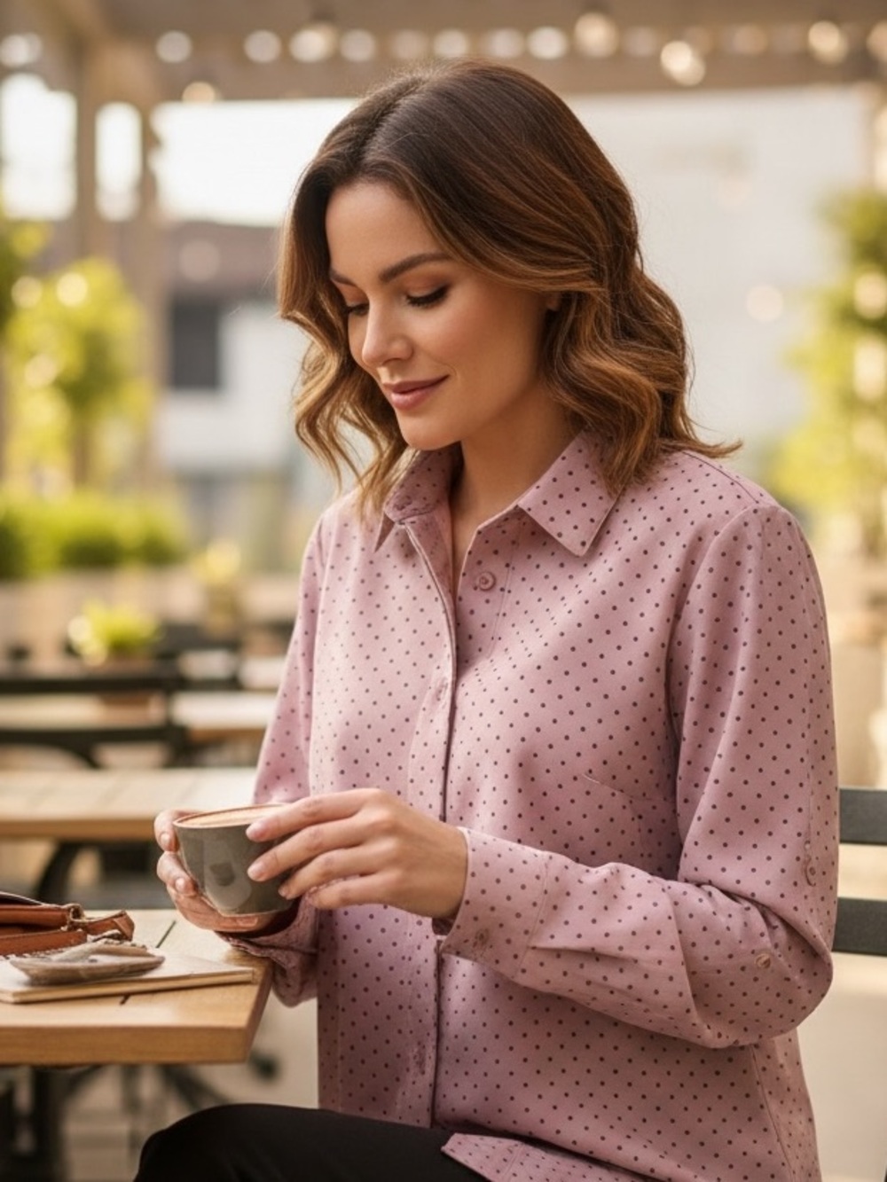Classic Button-Down Polka Dot Blouse in Dusty Pink
